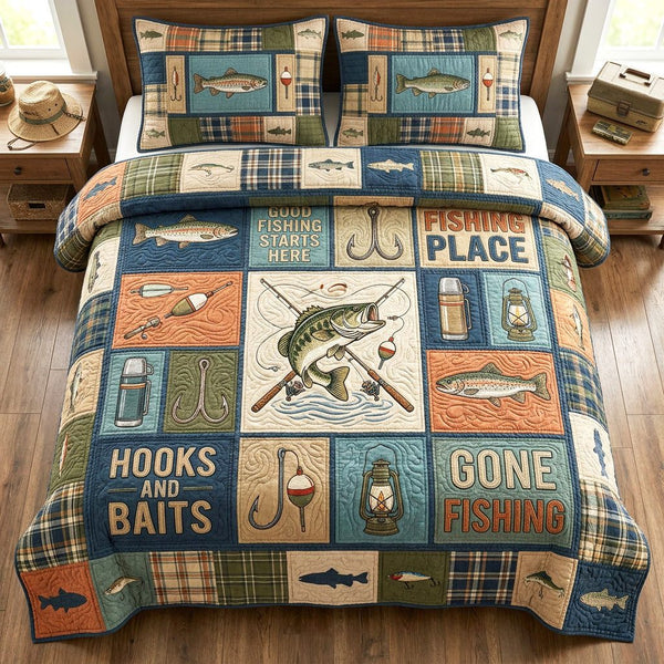 Hooked Life quilted 3-piece bedding set on a made bed with two matching pillow shams