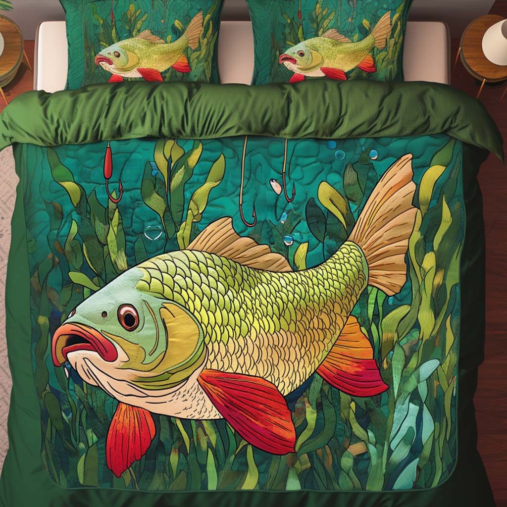 Hooked Majesty quilted 3-piece bedding set on a made bed with two matching pillow shams