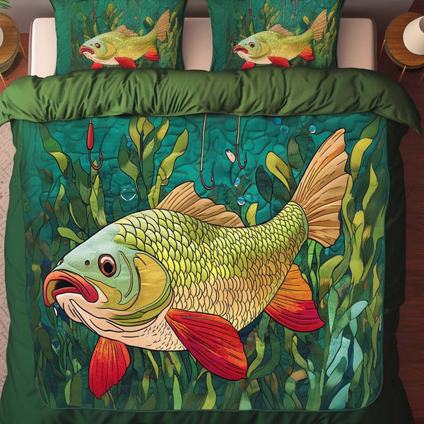 Hooked Majesty quilted 3-piece bedding set on a made bed with two matching pillow shams