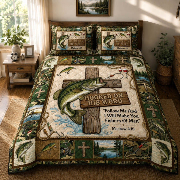Hooked On His Words quilted 3-piece bedding set on a made bed with two matching pillow shams