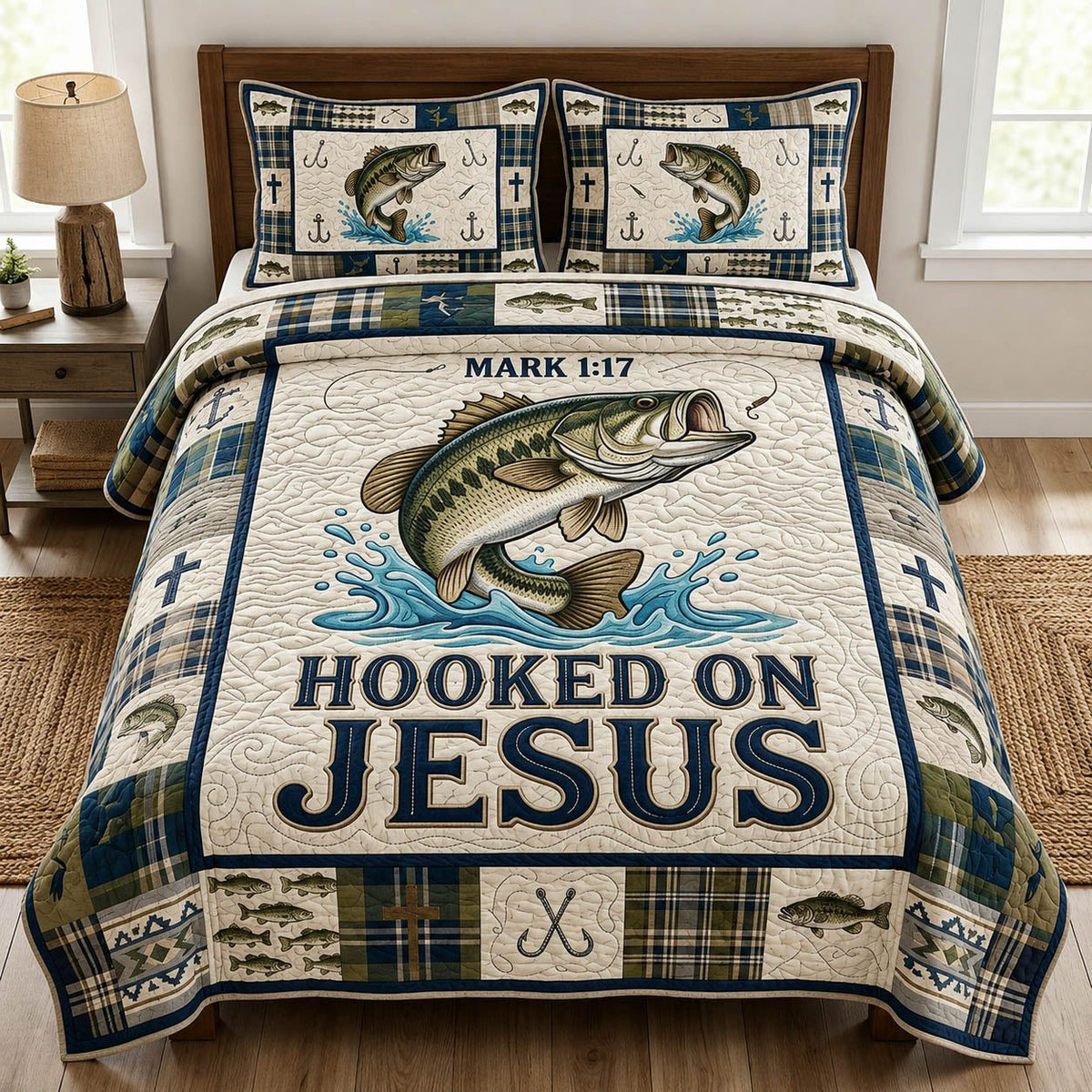 Hooked On Jesus quilted 3-piece bedding set on a made bed in a softly lit bedroom