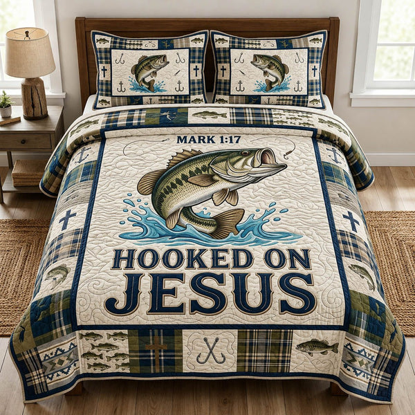Hooked On Jesus quilted 3-piece bedding set on a made bed in a softly lit bedroom