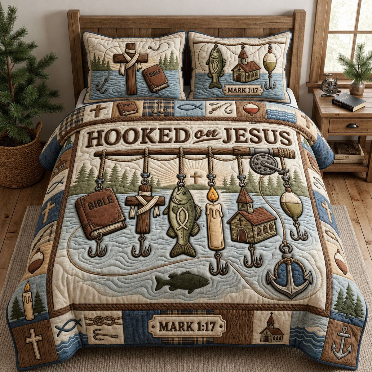 Hooked On Jesus quilted 3-piece bedding set on a made bed in a softly lit bedroom