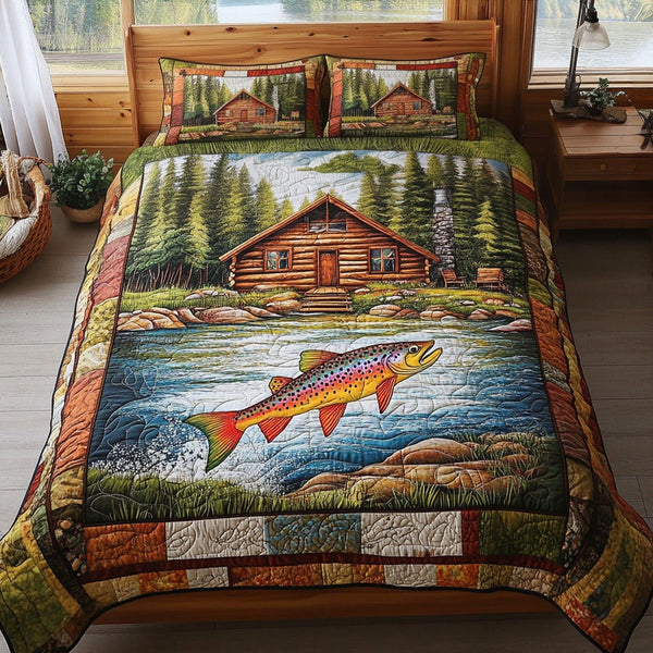 Hooked on the Lake quilted 3-piece bedding set on a made bed with two matching pillow shams