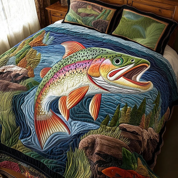 Hooked on Trout quilted 3-piece bedding set on a made bed with two matching pillow shams
