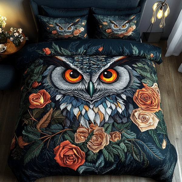 Hoot Haven quilted 3-piece bedding set on a made bed with two matching pillow shams