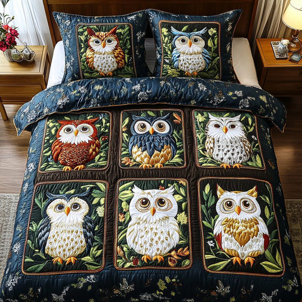 Hoot Haven quilted 3-piece bedding set on a made bed with two matching pillow shams