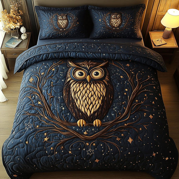Hoot Haven quilted 3-piece bedding set on a made bed with two matching pillow shams