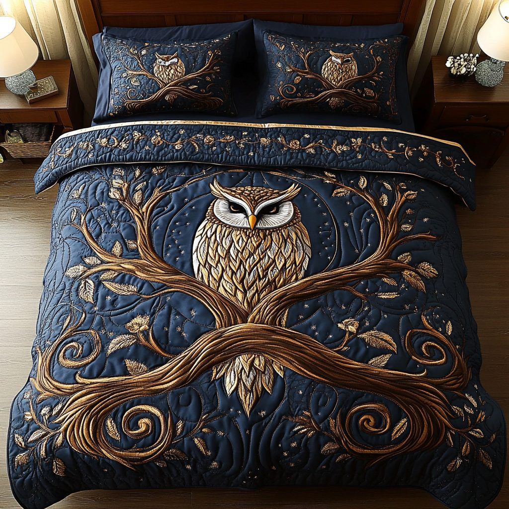 Hoot Haven quilted 3-piece bedding set on a made bed with two matching pillow shams