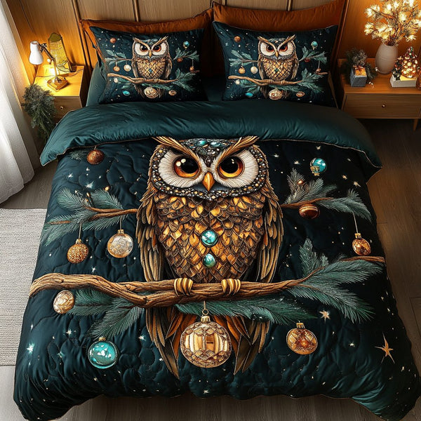 Hooting Holidays quilted 3-piece bedding set on a made bed in a winter-styled bedroom