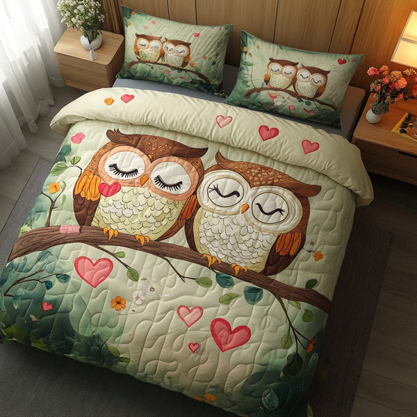 Hoots of Love quilted 3-piece bedding set on a made bed with two matching pillow shams