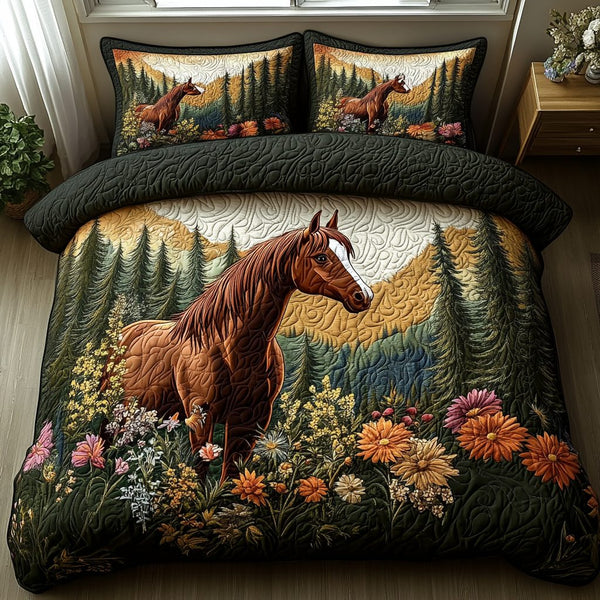Hooves in Bloom quilted 3-piece bedding set on a made bed with two matching pillow shams