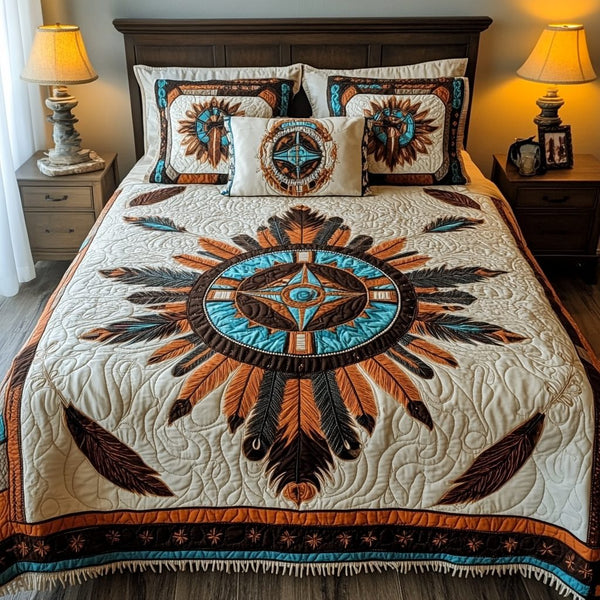 Hopes Horizon quilted 3-piece bedding set on a made bed with two matching pillow shams