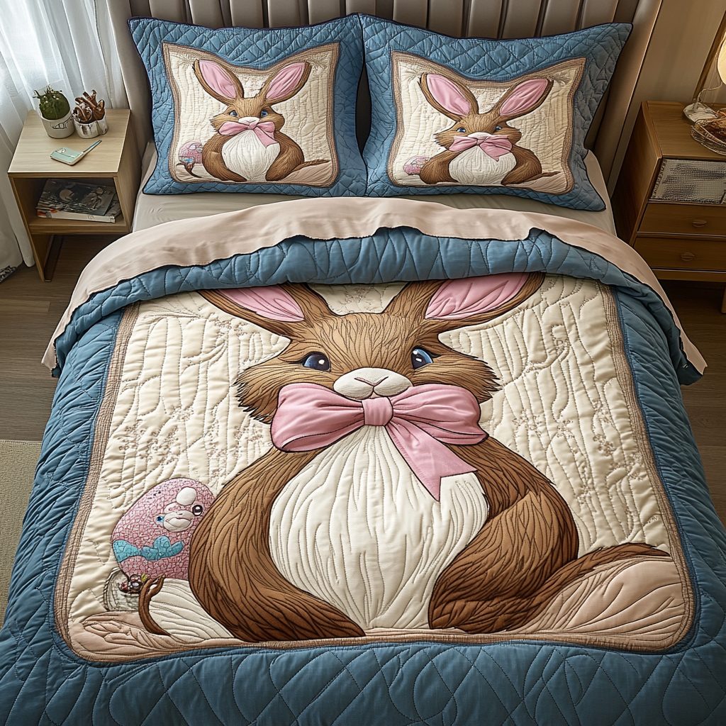 Hopping Charm quilted 3-piece bedding set on a made bed with two matching pillow shams