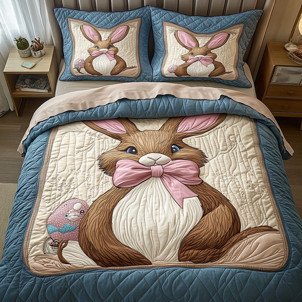 Hopping Charm quilted 3-piece bedding set on a made bed with two matching pillow shams