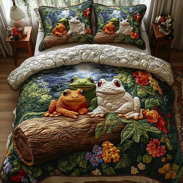 Hopping Harmony quilted 3-piece bedding set on a made bed with two matching pillow shams