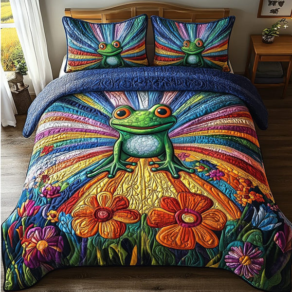 Hoppy Days quilted 3-piece bedding set on a made bed with two matching pillow shams