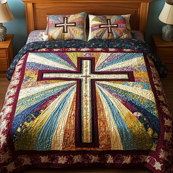 Horizon Blessings quilted 3-piece bedding set on a made bed with two matching pillow shams