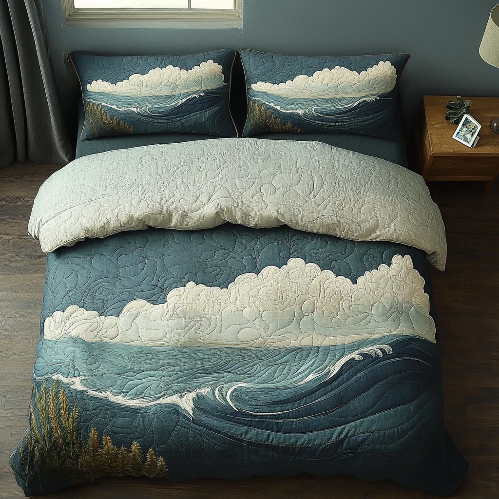 Horizon Bliss quilted 3-piece bedding set on a made bed with two matching pillow shams