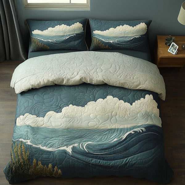 Horizon Bliss quilted 3-piece bedding set on a made bed with two matching pillow shams