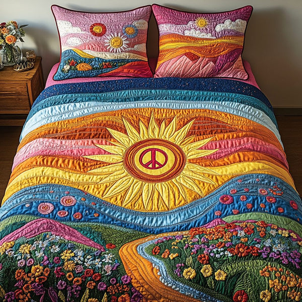 Horizon Bloom quilted 3-piece bedding set on a made bed with two matching pillow shams