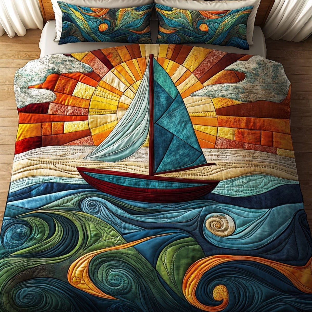 Horizon Bound quilted 3-piece bedding set on a made bed with two matching pillow shams