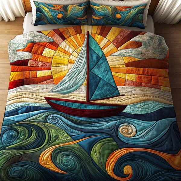 Horizon Bound quilted 3-piece bedding set on a made bed with two matching pillow shams