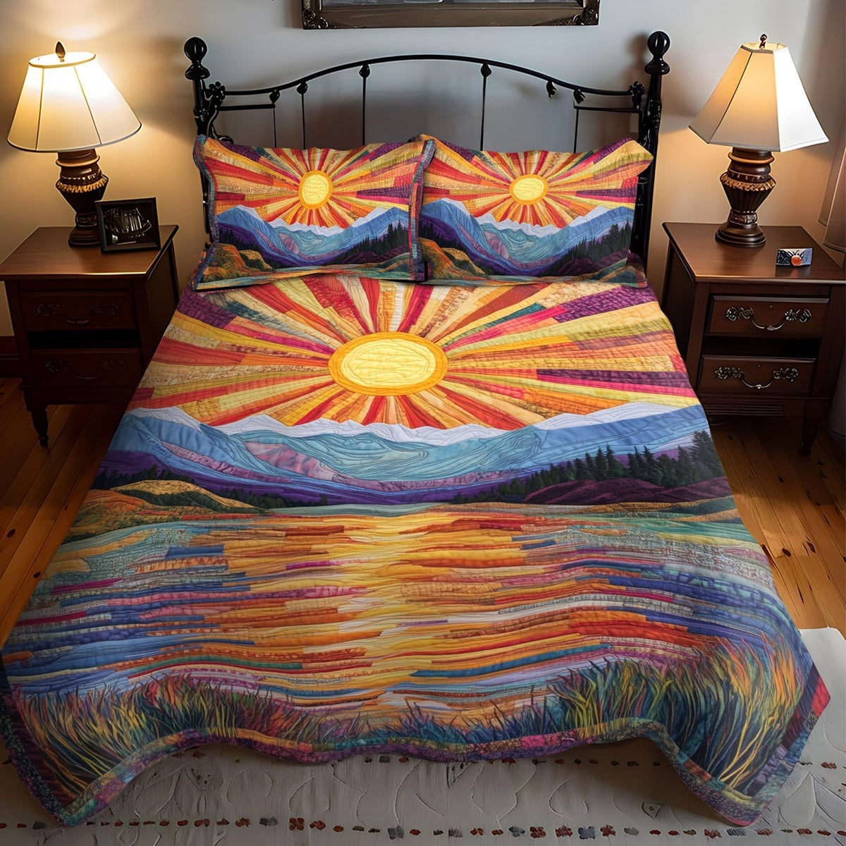 Horizon Dreams quilted 3-piece bedding set on a made bed with two matching pillow shams