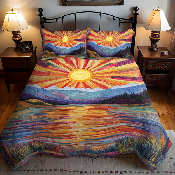 Horizon Dreams quilted 3-piece bedding set on a made bed with two matching pillow shams