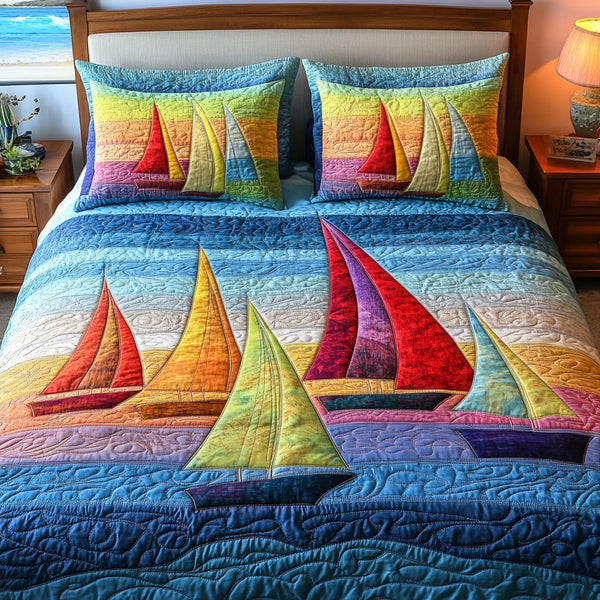Horizon Drift quilted 3-piece bedding set on a made bed with two matching pillow shams