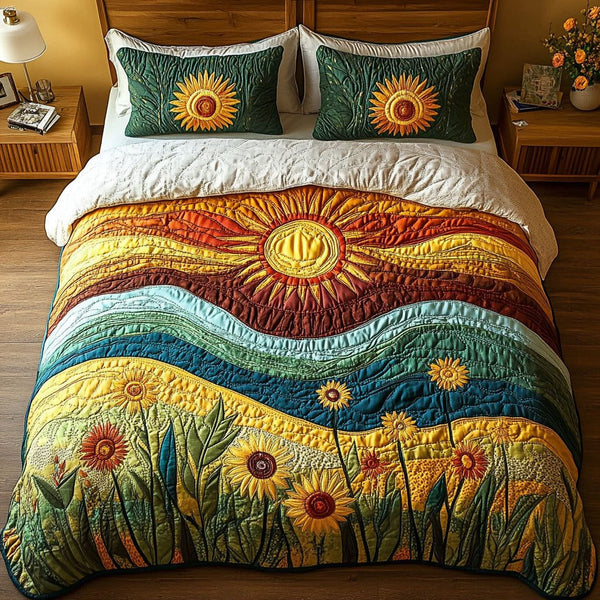 Horizon Glow quilted 3-piece bedding set on a made bed with two matching pillow shams