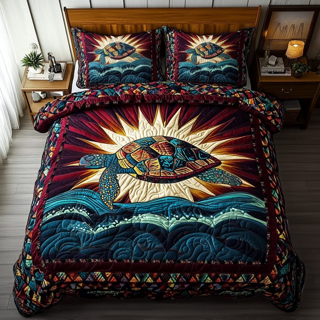 Horizon Glow quilted 3-piece bedding set on a made bed with two matching pillow shams