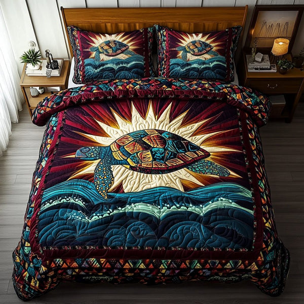 Horizon Glow quilted 3-piece bedding set on a made bed with two matching pillow shams