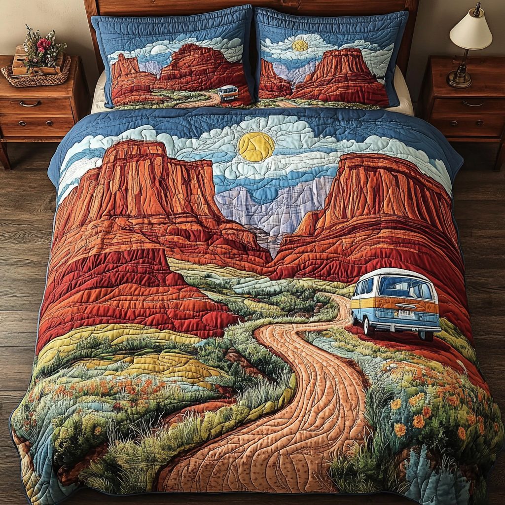 Horizon Heat quilted 3-piece bedding set on a made bed with two matching pillow shams