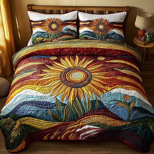 Horizon of Gold quilted 3-piece bedding set on a made bed with two matching pillow shams