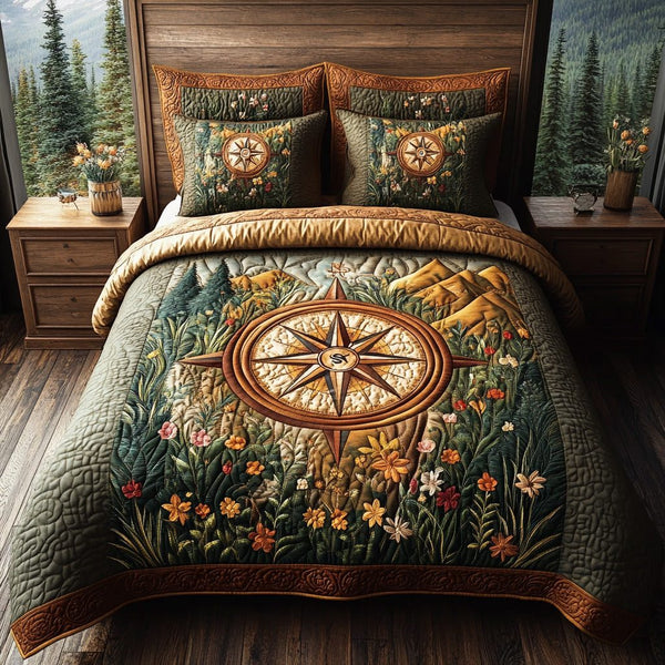 Horizon Path quilted 3-piece bedding set on a made bed with two matching pillow shams