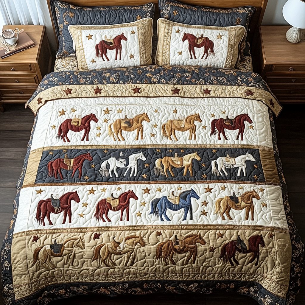 Horizon Rider quilted 3-piece bedding set on a made bed with two matching pillow shams