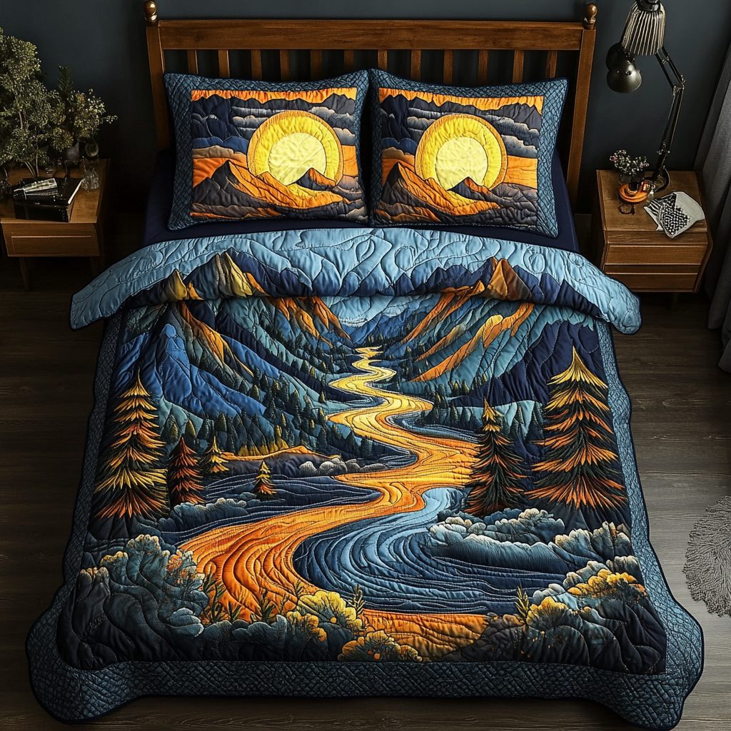 Horizon Rise quilted 3-piece bedding set on a made bed with two matching pillow shams