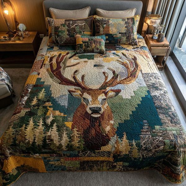Horned Glory quilted 3-piece bedding set on a made bed with two matching pillow shams