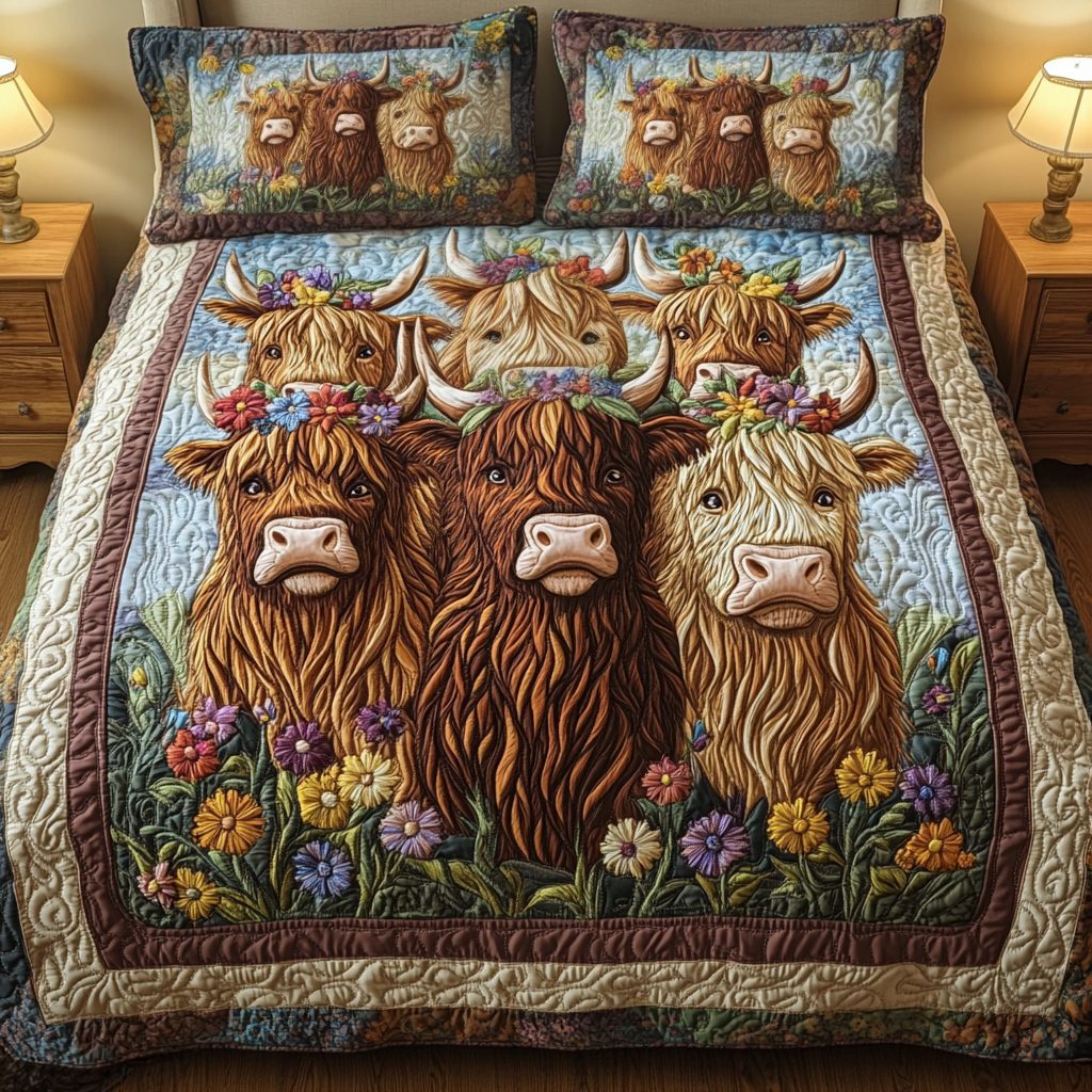 Horned Harmony quilted 3-piece bedding set on a made bed with two matching pillow shams