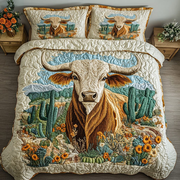 Horned Majesty quilted 3-piece bedding set on a made bed with two matching pillow shams