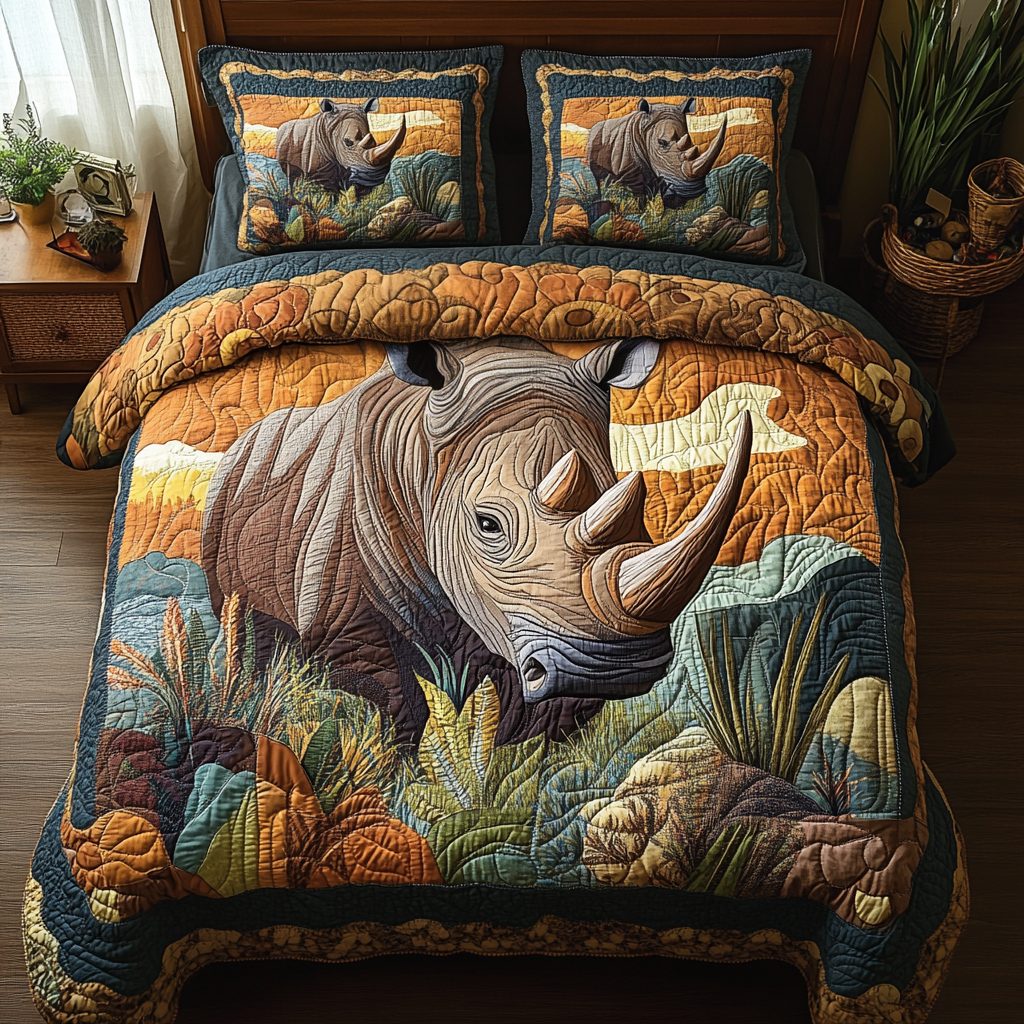 Horned Titan quilted 3-piece bedding set on a made bed with two matching pillow shams