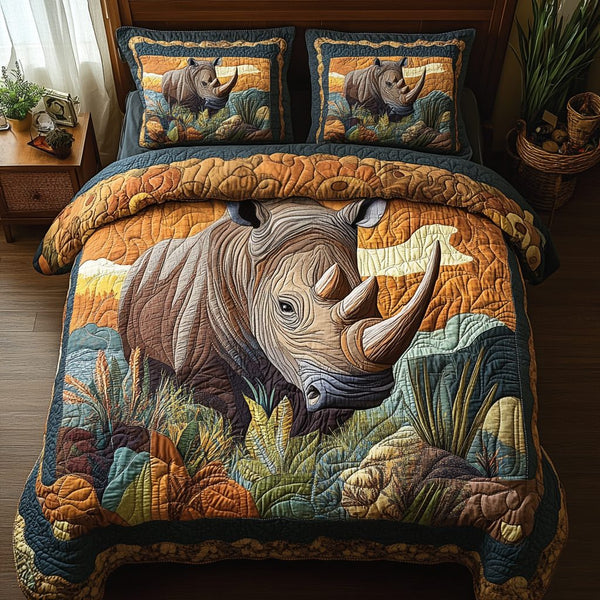 Horned Titan quilted 3-piece bedding set on a made bed with two matching pillow shams