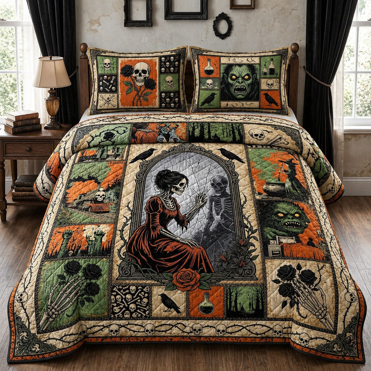 Horror Ephemera quilted 3-piece bedding set on a made bed with two matching pillow shams