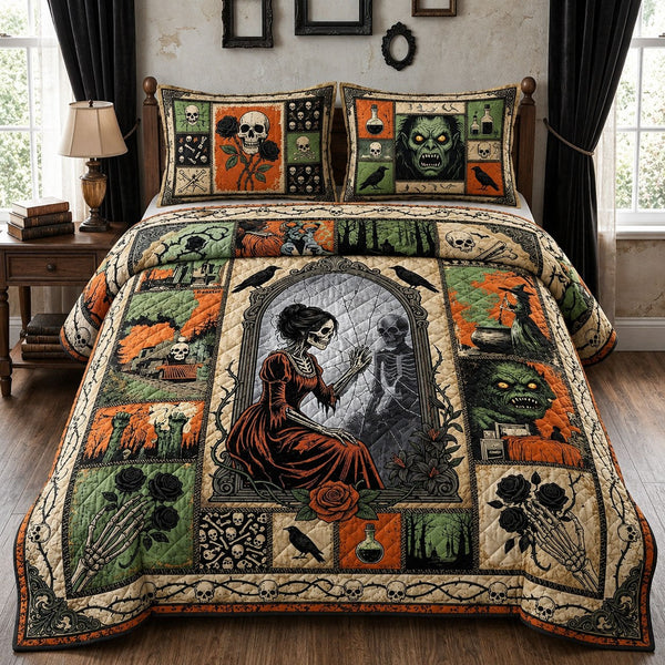 Horror Ephemera quilted 3-piece bedding set on a made bed with two matching pillow shams