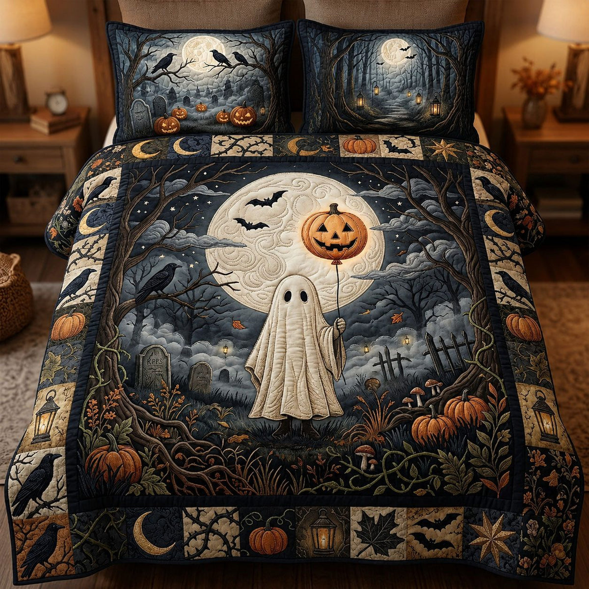 Horror Ghost Halloween quilted 3-piece bedding set on a made bed against a dark styled interior