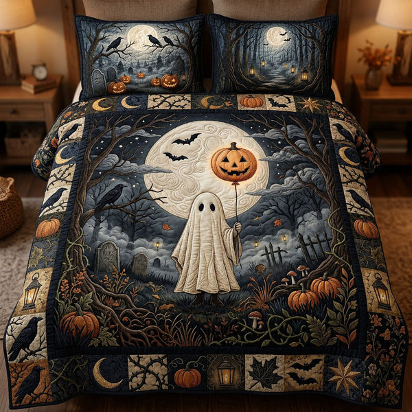 Horror Ghost Halloween quilted 3-piece bedding set on a made bed against a dark styled interior