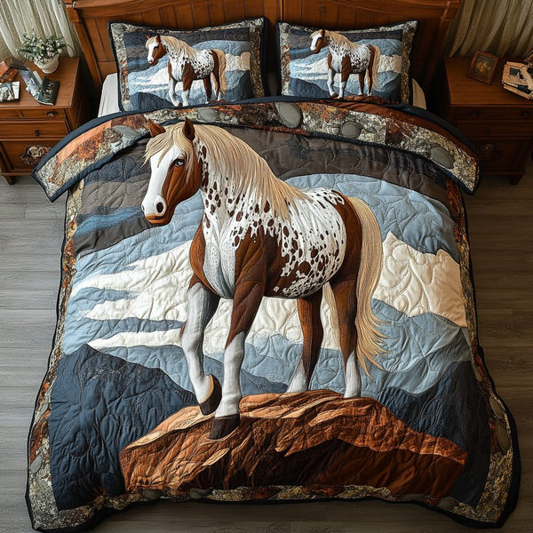 Horse and Sunflowers quilted 3-piece bedding set on a made bed in a rustic timber bedroom