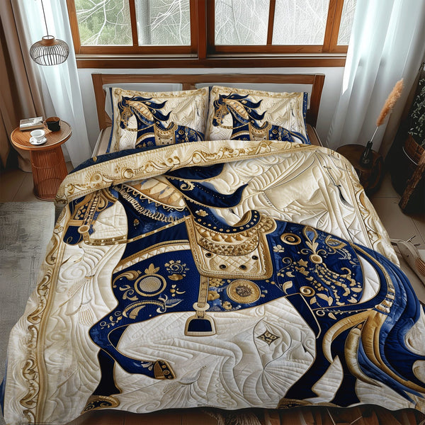 Horse Aristocratic Gallop quilted 3-piece bedding set on a made bed in a rustic timber bedroom