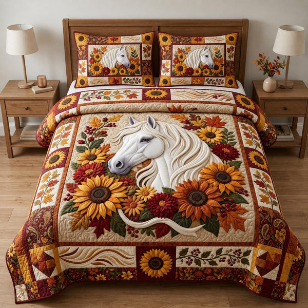 Horse Autumn Flowers quilted 3-piece bedding set on a made bed in a rustic timber bedroom